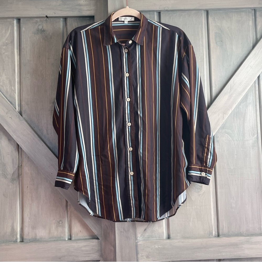 Moussy Brown Blue Striped Button Down Longsleeve OS